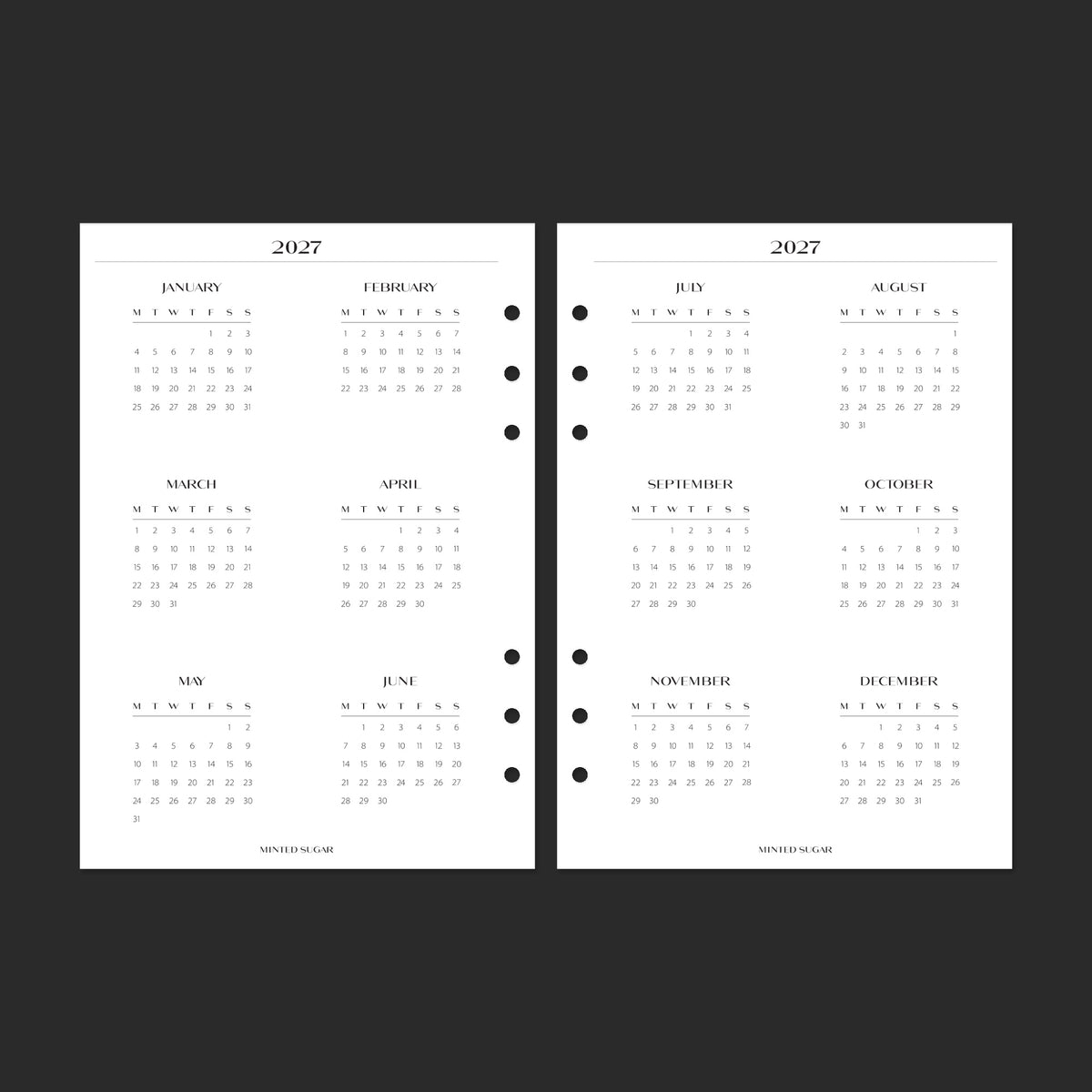2027 Year Overview, A5, No.2 font — year-at-a-glance calendar.