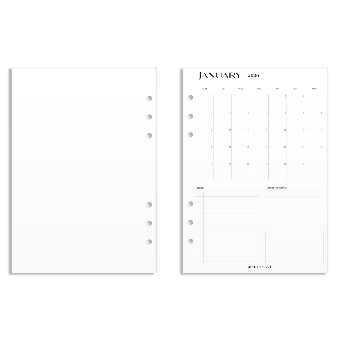 2026 Monthly Insert – One Month One-Page Layout – No. 2 Font