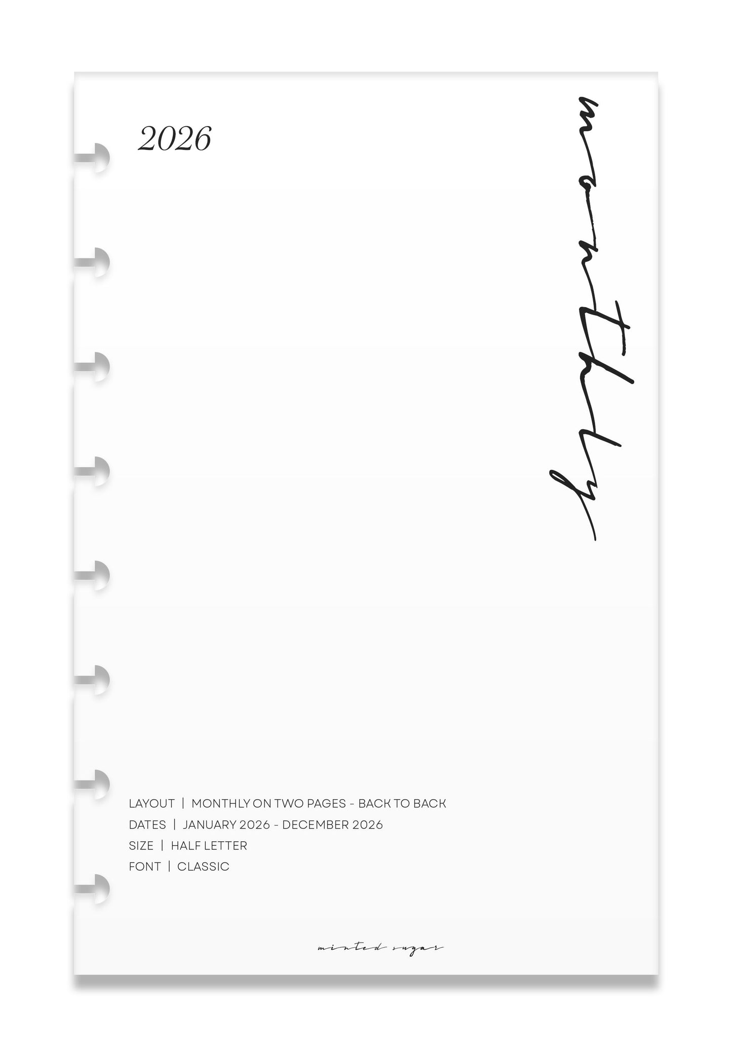 2026 Monthly Insert – Back to Back Layout – Classic Font image 0