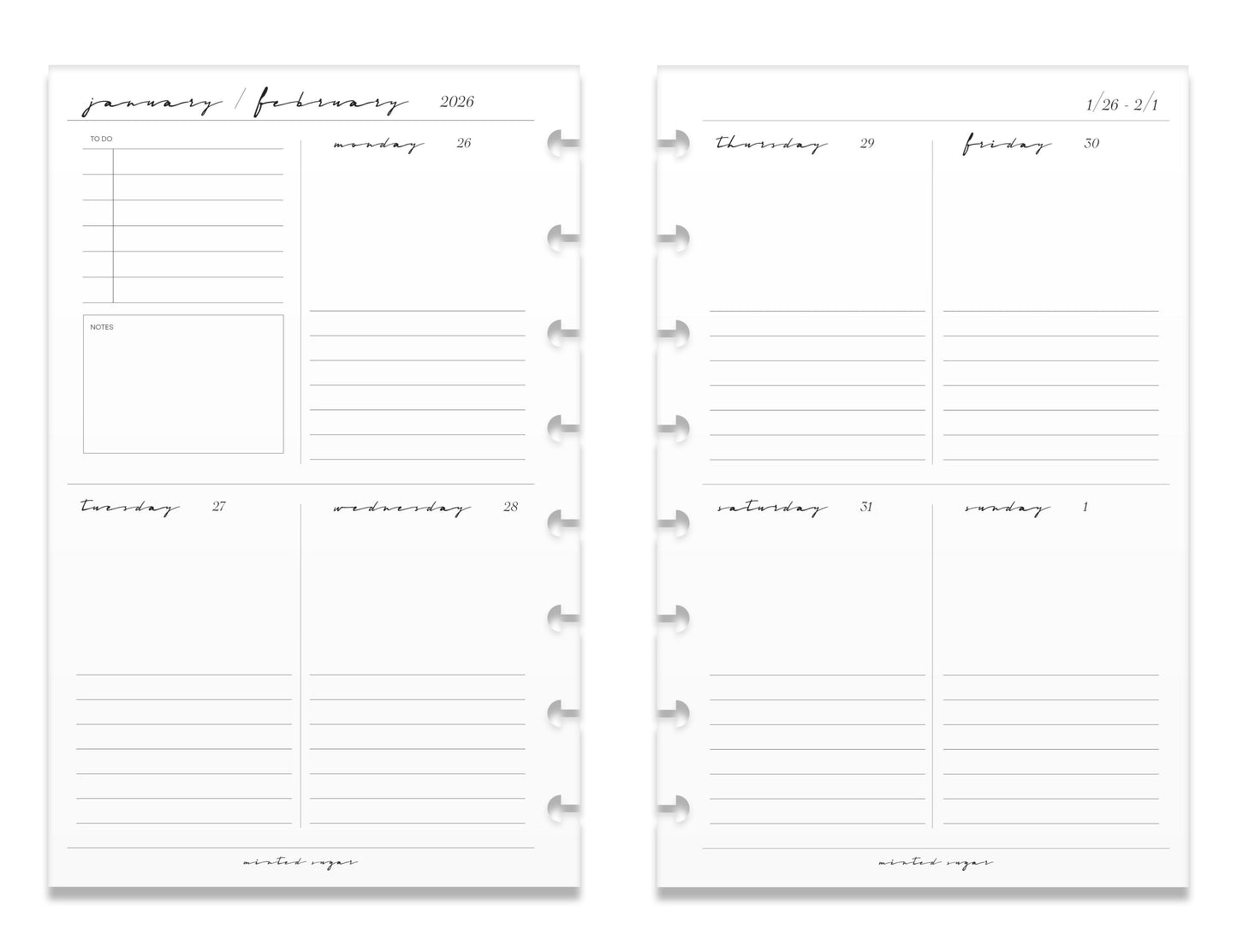 2026 Weekly Insert – Vertical Layout – Classic Font image 1