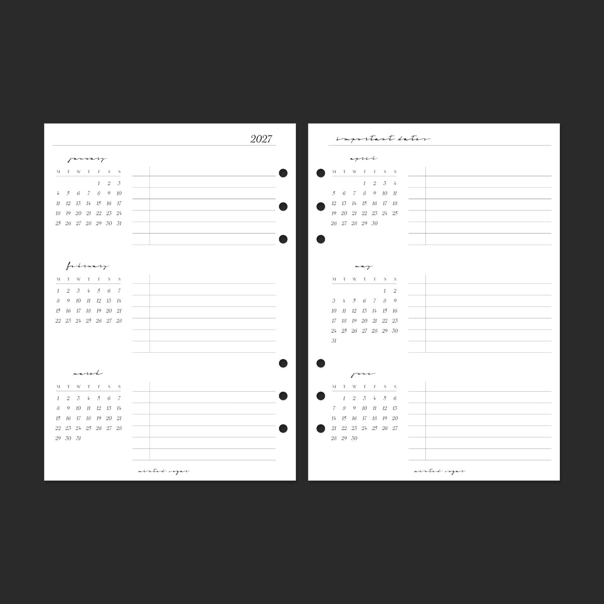 2027 Year Overview, A5, Classic font — January–June calendar spread.