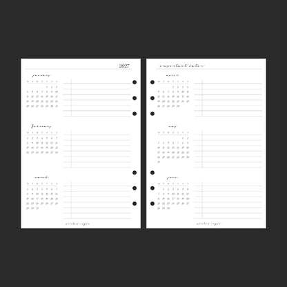 2027 Year Overview, A5, Classic font — January–June calendar spread.