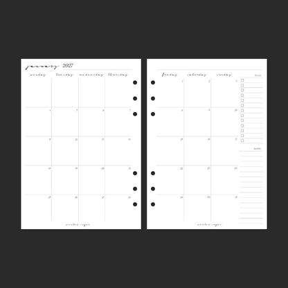 2027 Monthly Back-to-Back, A5, Classic font — January calendar spread.