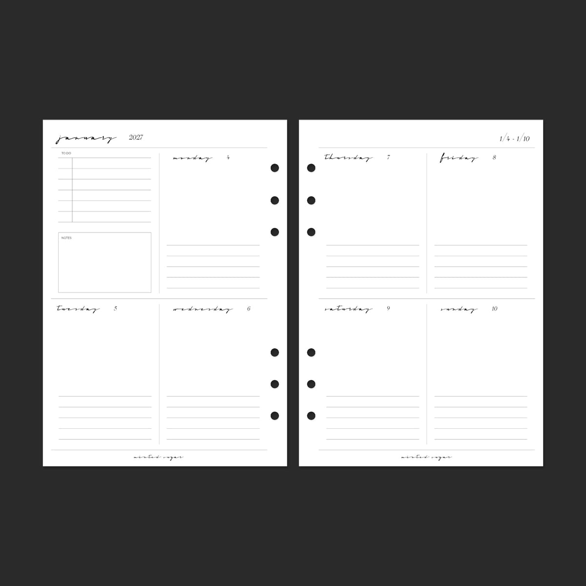2027 Weekly Vertical, A5, Classic font — week of January 4, 2027.