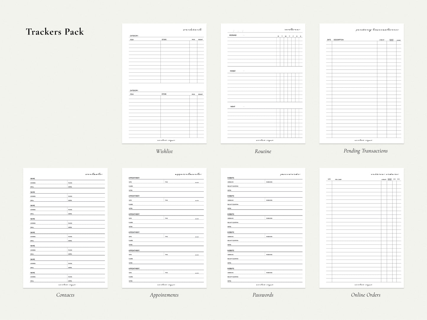 Digital Trackers – Passwords, Orders, Routines | Printable PDF