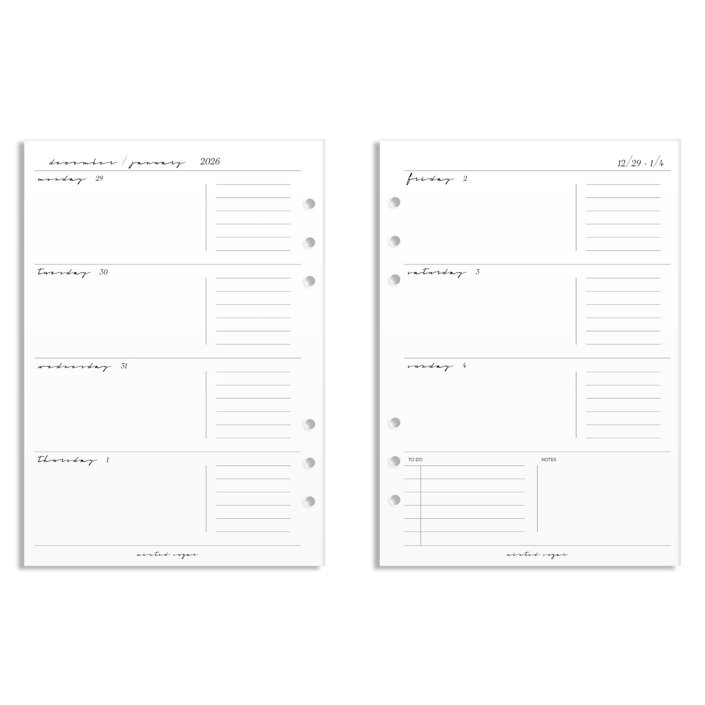 2026 Weekly Insert – Horizontal Layout – Classic Font
