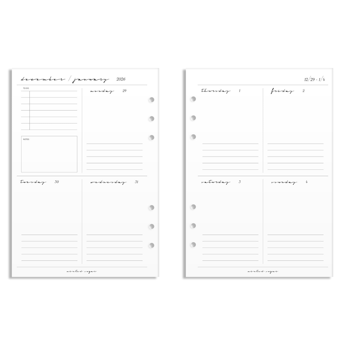 2026 Weekly Insert – Vertical Layout – Classic Font