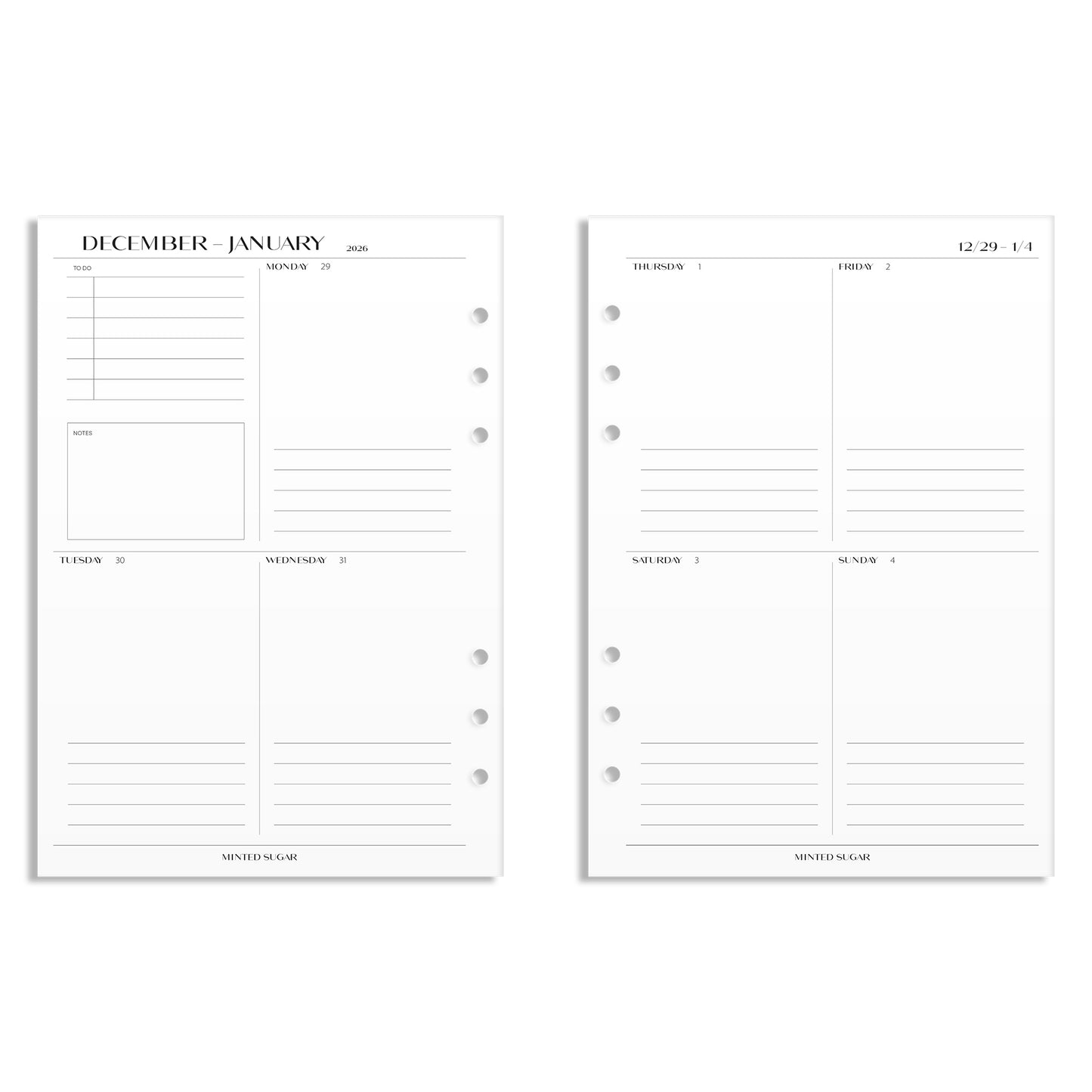 2026 Weekly Insert – Vertical Layout – No. 2 Font