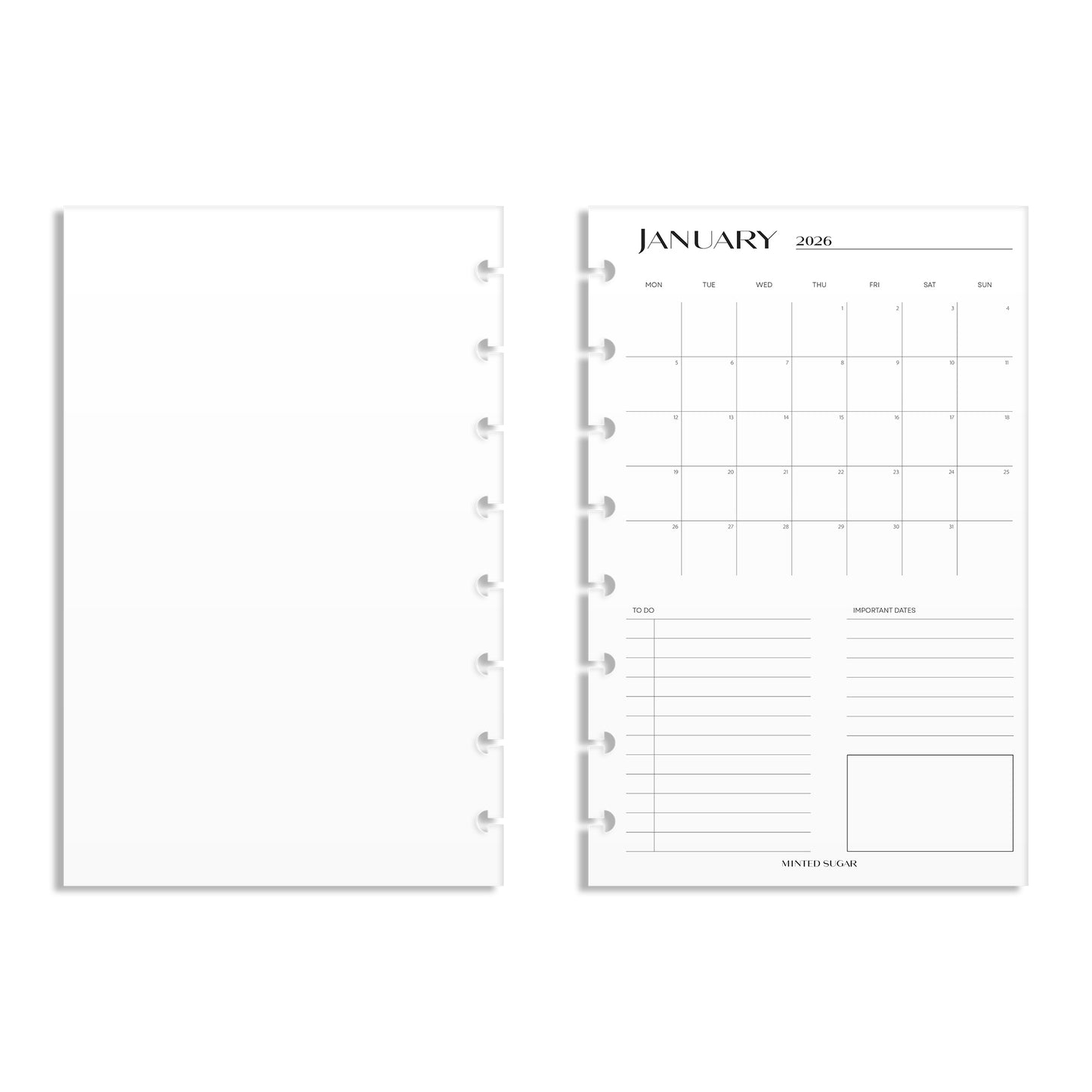 2026 Monthly Insert – One Month One-Page Layout – No. 2 Font