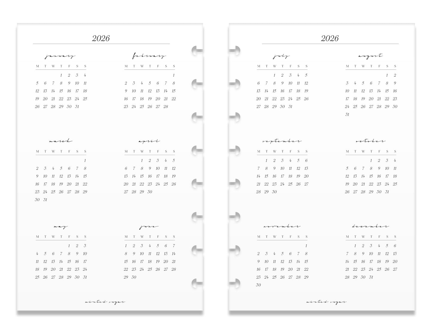 2026 Monthly Insert – Back to Back Layout – Classic Font image 3
