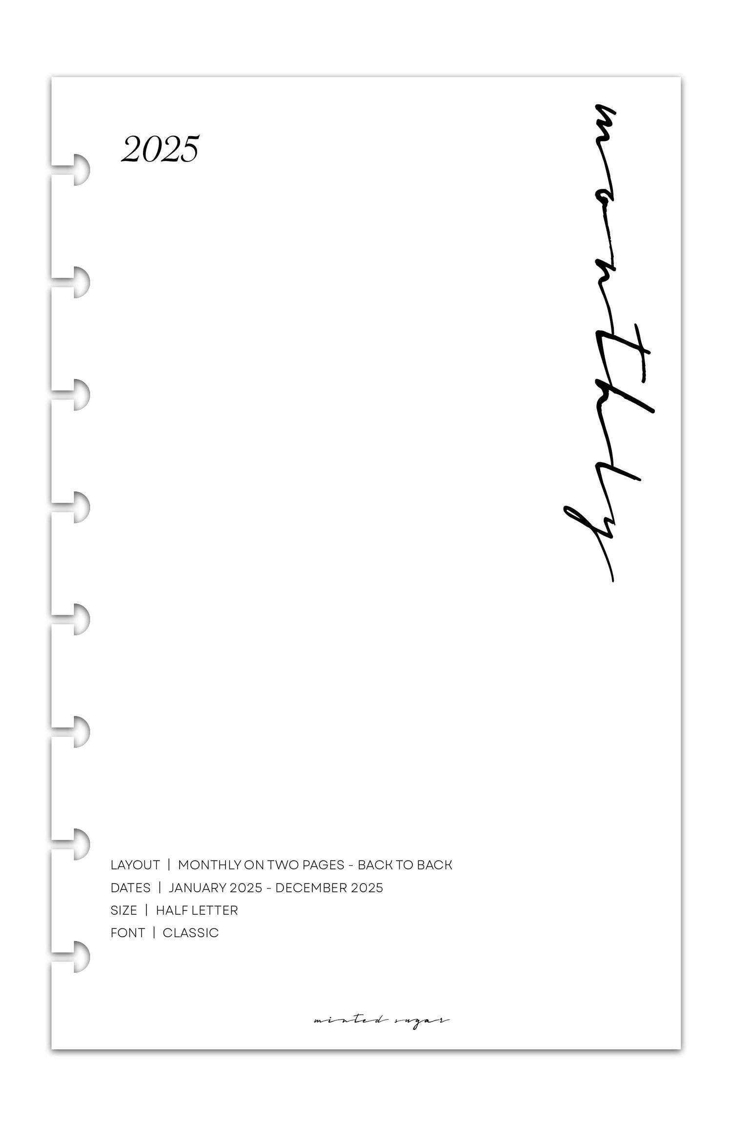 2025 Monthly Calendar Planner Inserts | Back to Back | Classic image 0