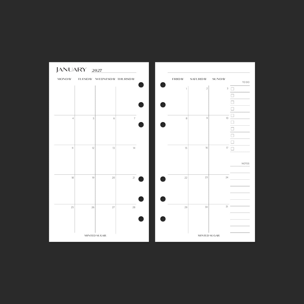 2027 Monthly Back-to-Back, Personal, No.2 font — January calendar spread.
